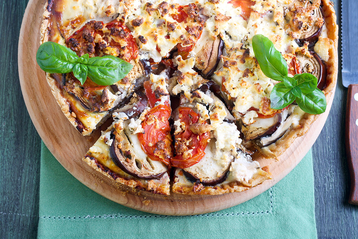 Eggplant Goat Cheese Pizza on Serving Board