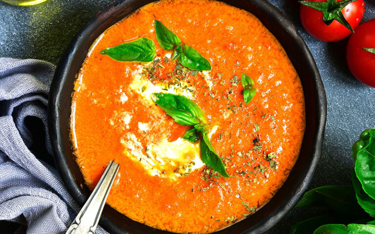 Roasted Red Pepper Soup in Black Bowl